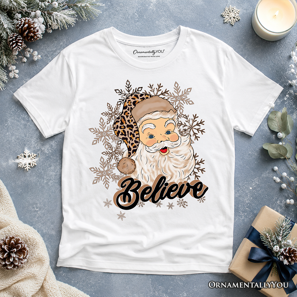 Kids Believe Santa Cheetah Leopard T-Shirt, Retro Christmas Youth Tee