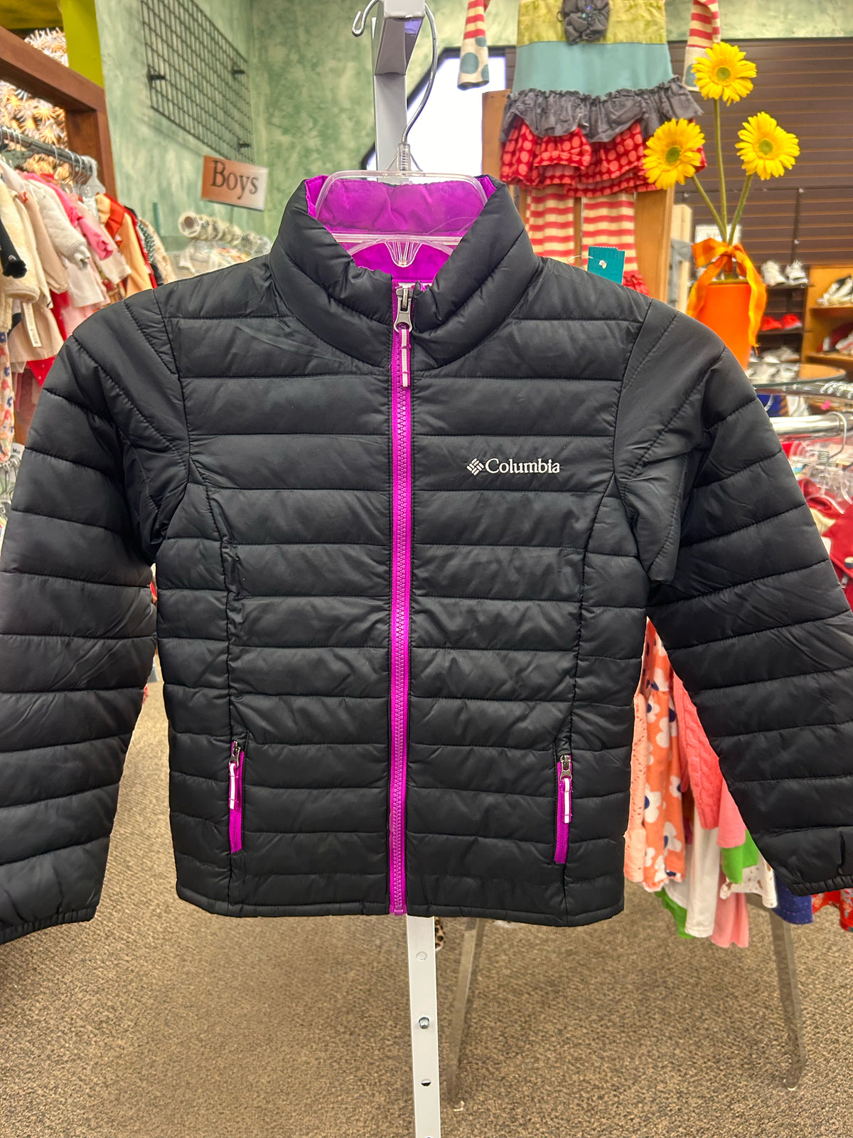 Pre-owned COLUMBIA Black Purple Trim Size 7 Girls Jacket