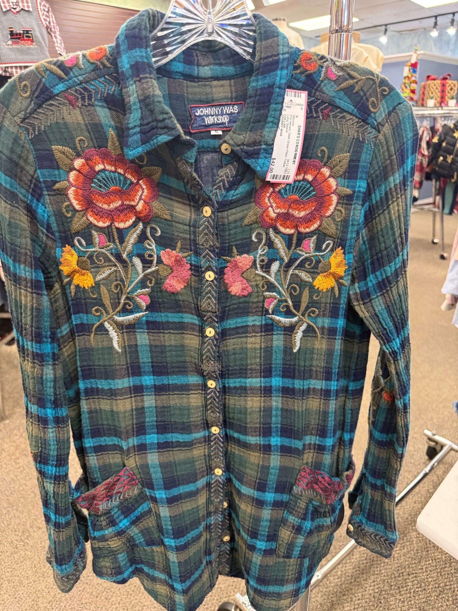 Pre-owned JOHNNY WAS Dark Green Plaid Yellow Size S Long Sleeve Blouse