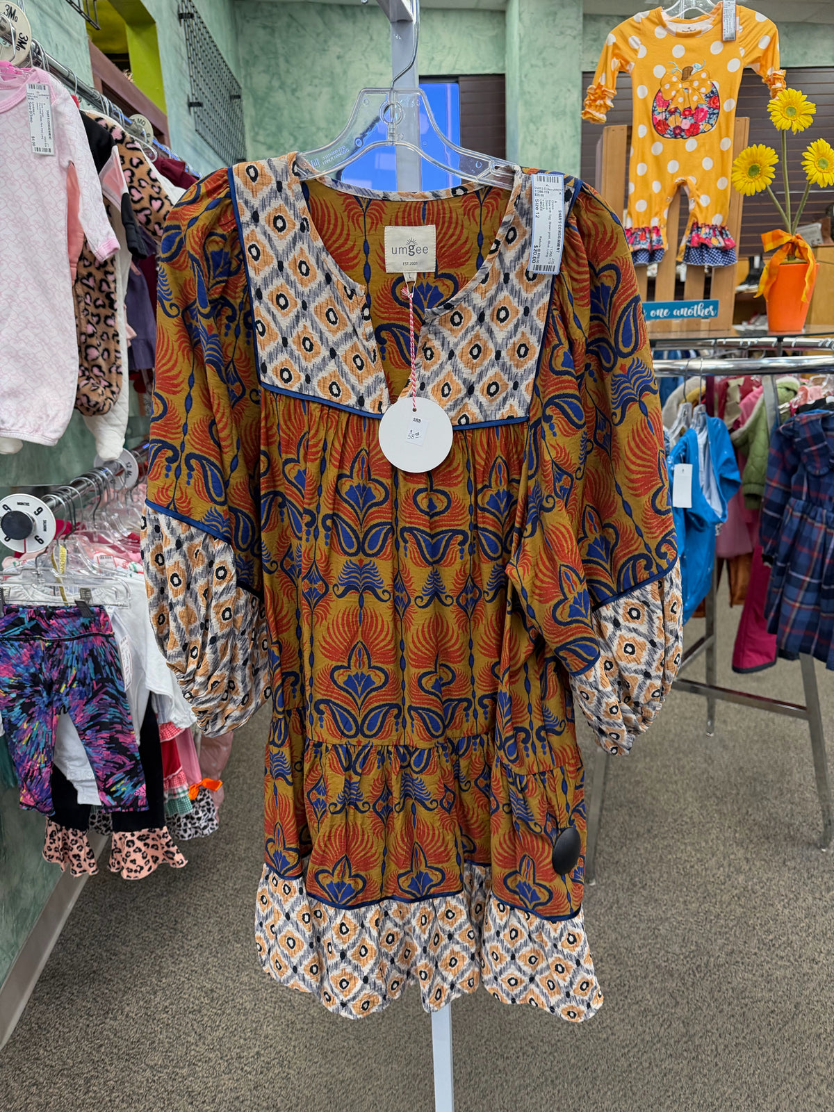 New with Tag UMGEE Brown print Blue Size 12 Long Sleeve Dress