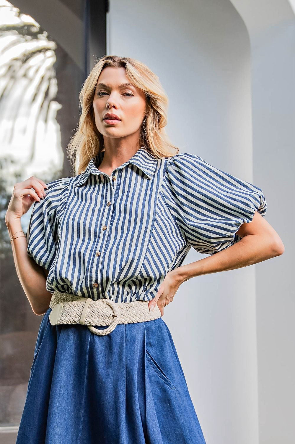New EASEL Denim Stripe Off-white Size S Short Sleeve Blouse