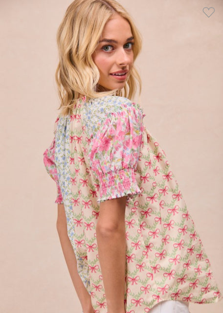 New BIBI Pink print Size S Short Sleeve Blouse