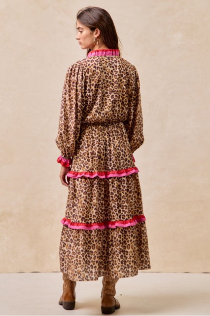 New BIBI Leopard Pink Trim Size Small Long Sleeve Dress