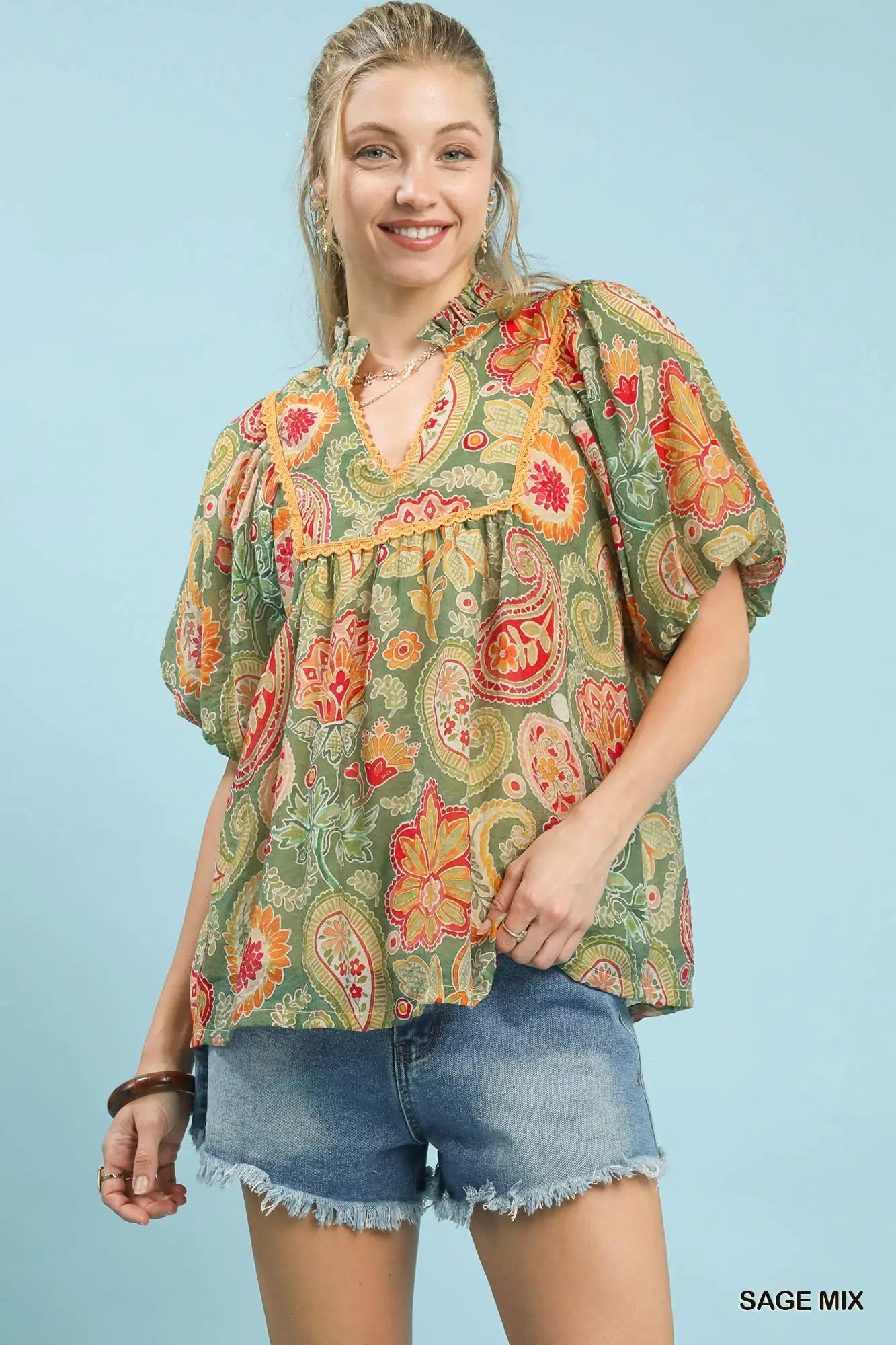 New UMGEE Green Peach Floral Size: S Short Sleeve Blouse