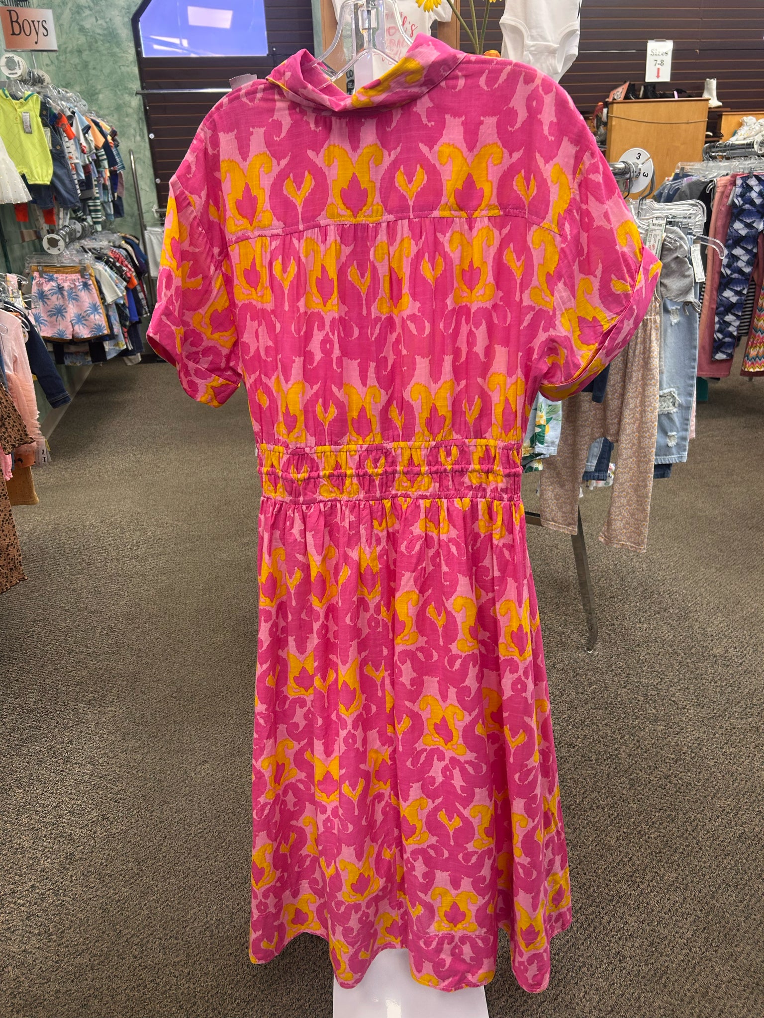 Pre-owned UNCLE FRANK Pink Yellow Print Size 10 Short Sleeve Designer Dress