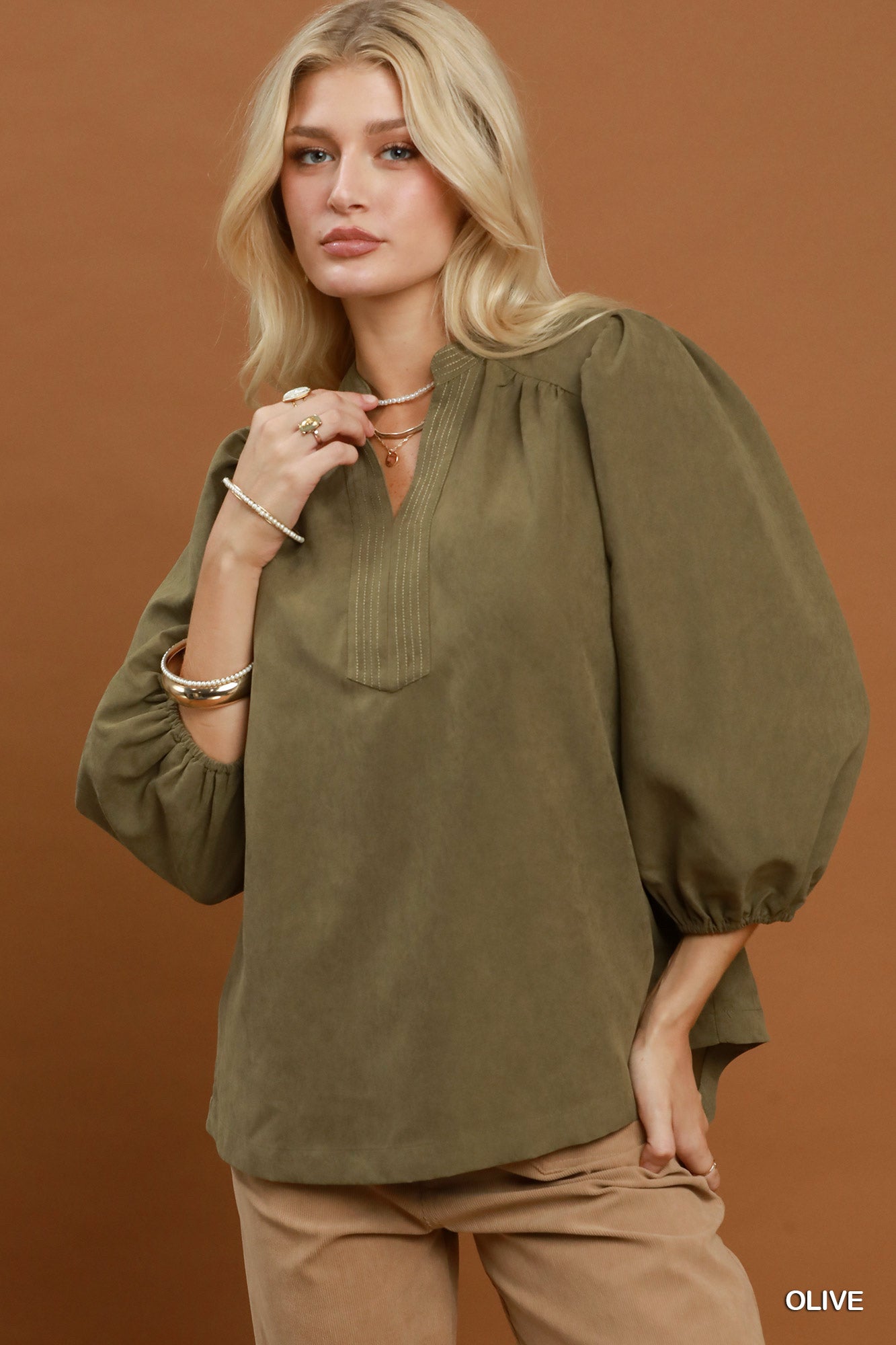 New UMGEE Olive Size: S Quarter Sleeve Blouse