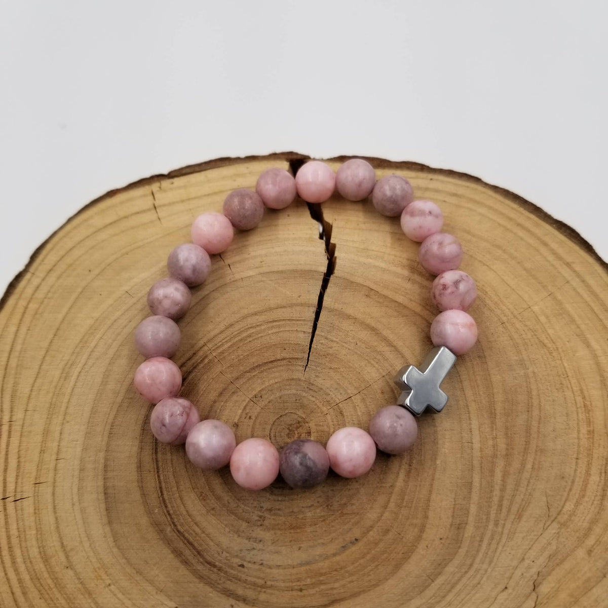Natural Pink Opal Beads Faith Cross Bracelet