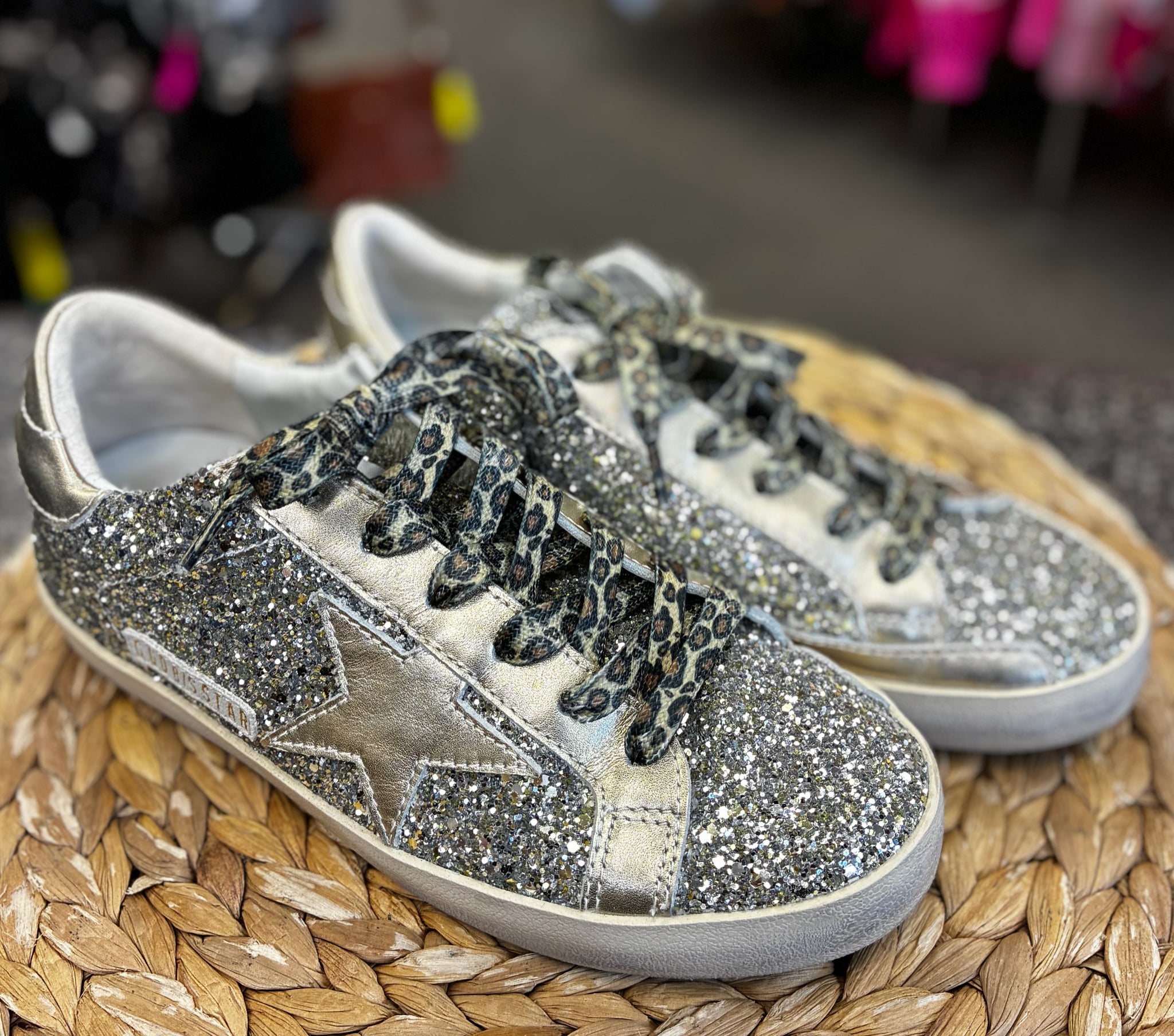 Pre-owned Golden Goose Silver sparkle Gold Trim Size 7.5 Designer Sneaker