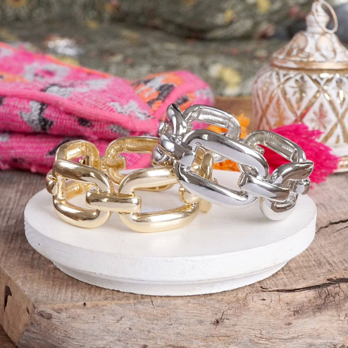 Chunky Chain Statement Stretchy Bangle Bracelet in gold or silver tone: Gold Tone