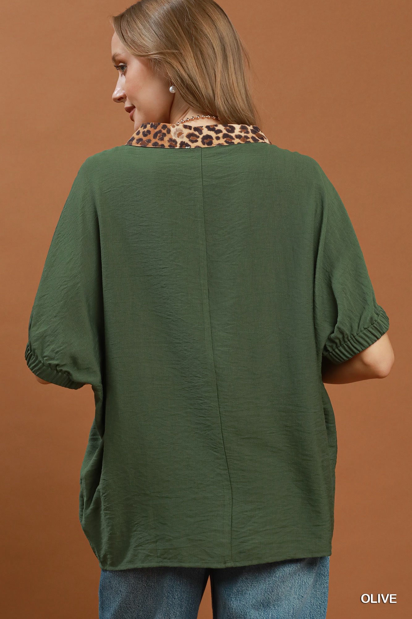 New UMGEE Dark green Leopard Trim Size: S Short Sleeve Blouse