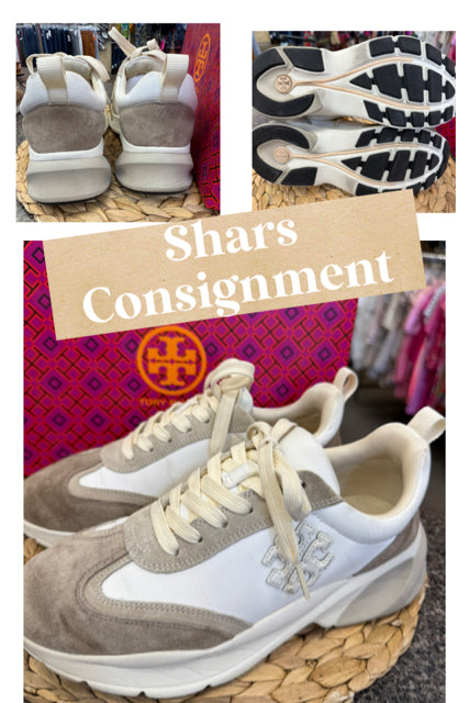 Pre-owned TORY BURCH Cream Tan Trim Size 8 Designer Sneaker