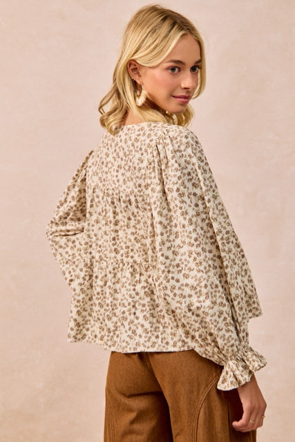 New BIBI Brown floral Cream Size S Long Sleeve Blouse