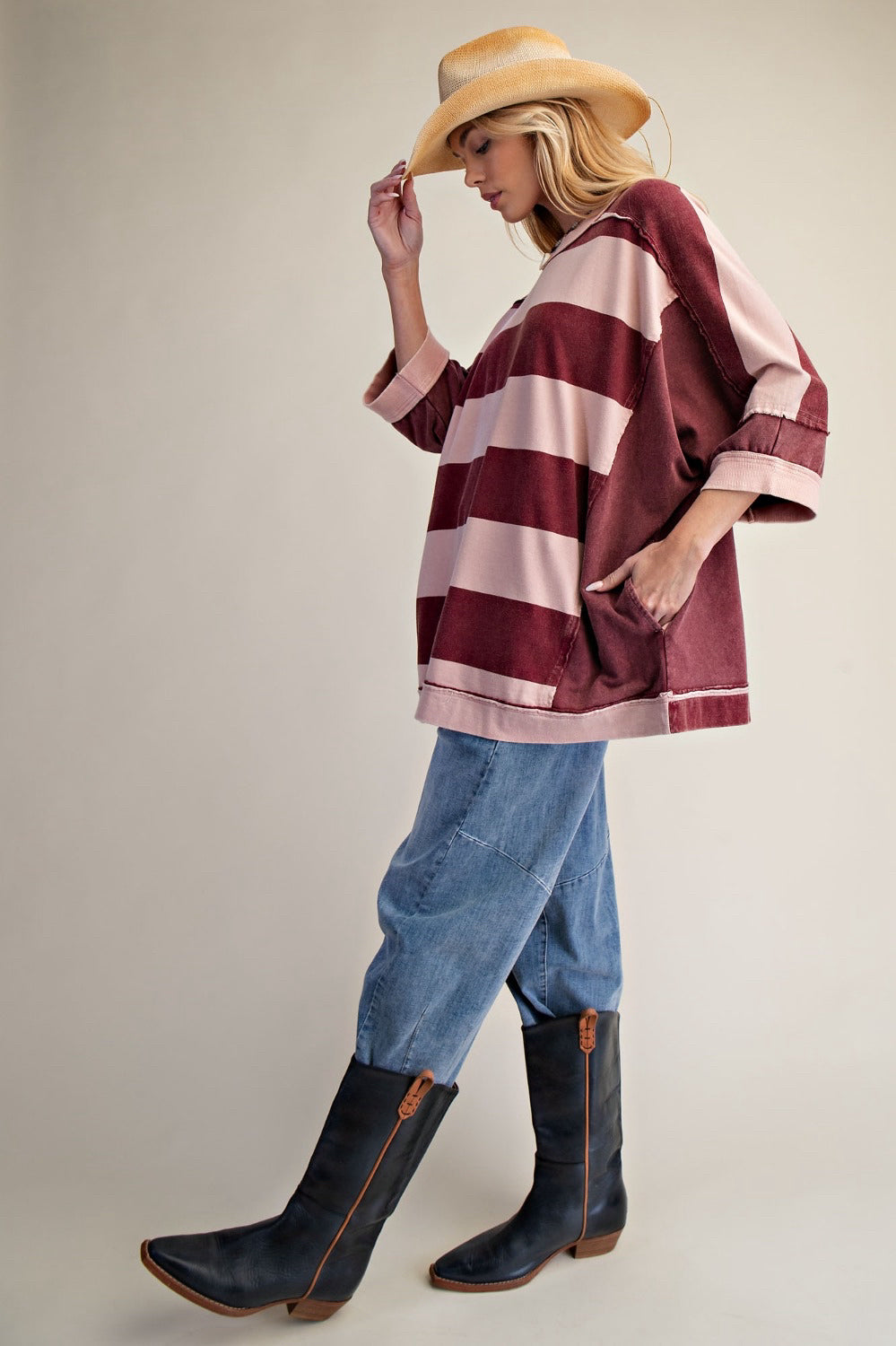 New EASEL Wine stripe Pink Size: S Quarter Sleeve Blouse