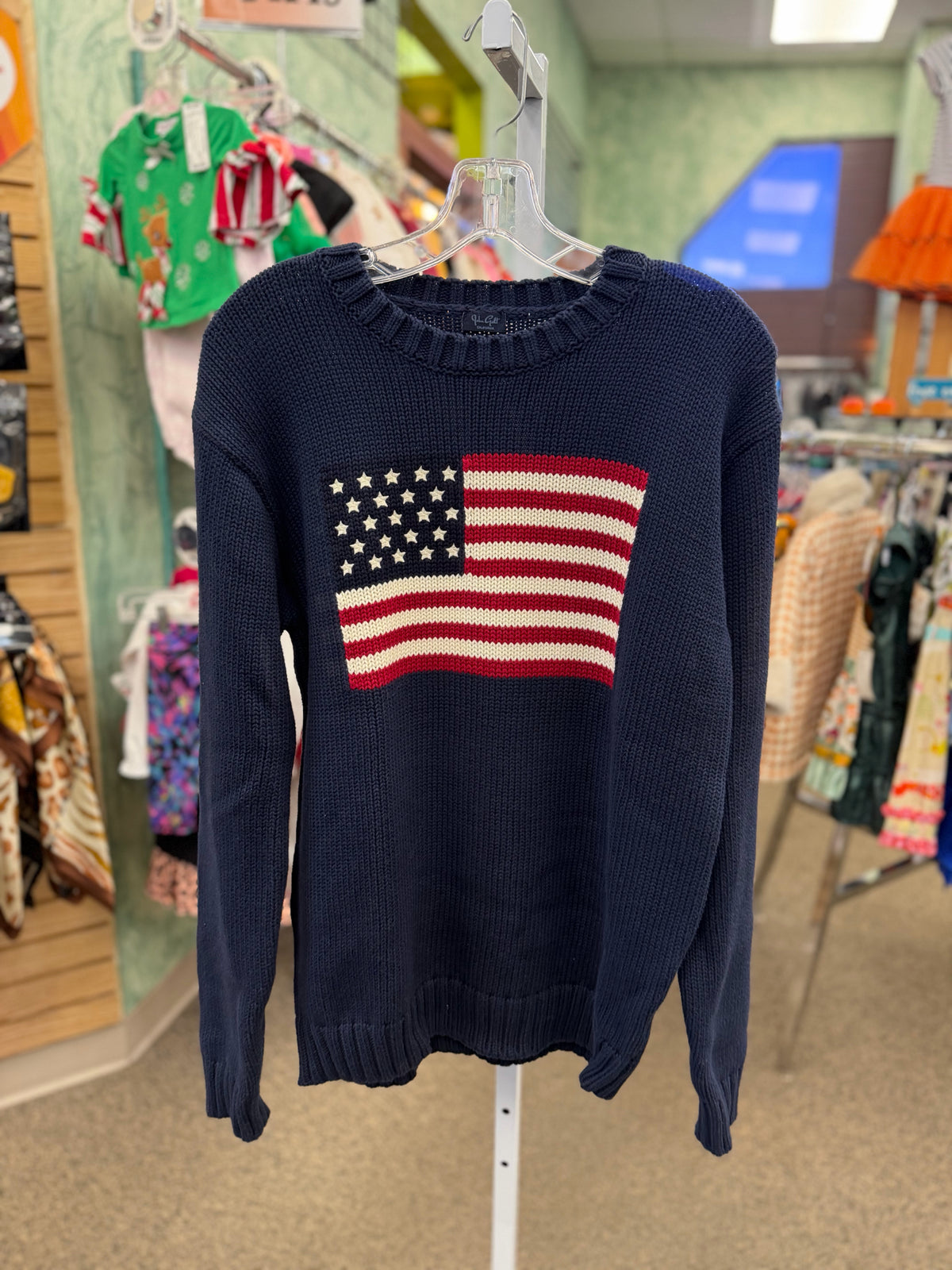 Pre-owned John Galt Navy Red Print Size L Long Sleeve Sweater