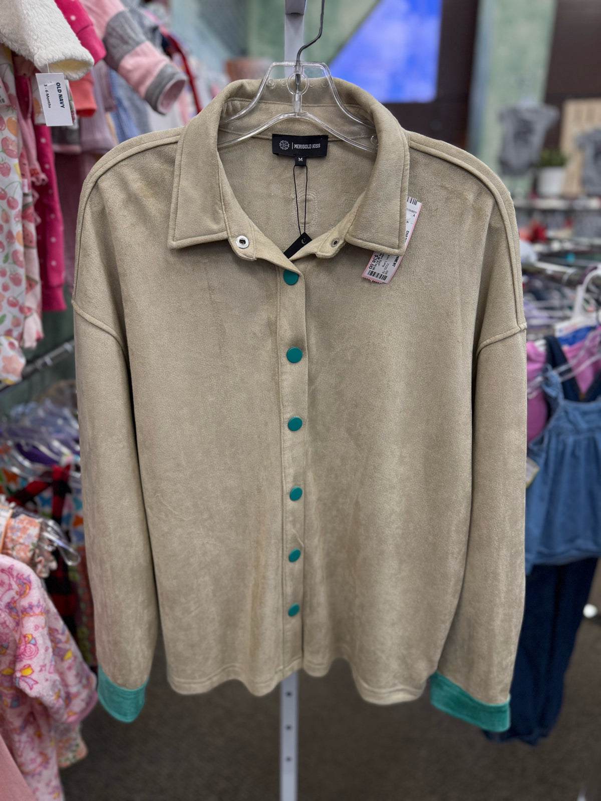 New with Tag MERIGOLD KISS Cream Teal trim Size: L Long Sleeve Blouse