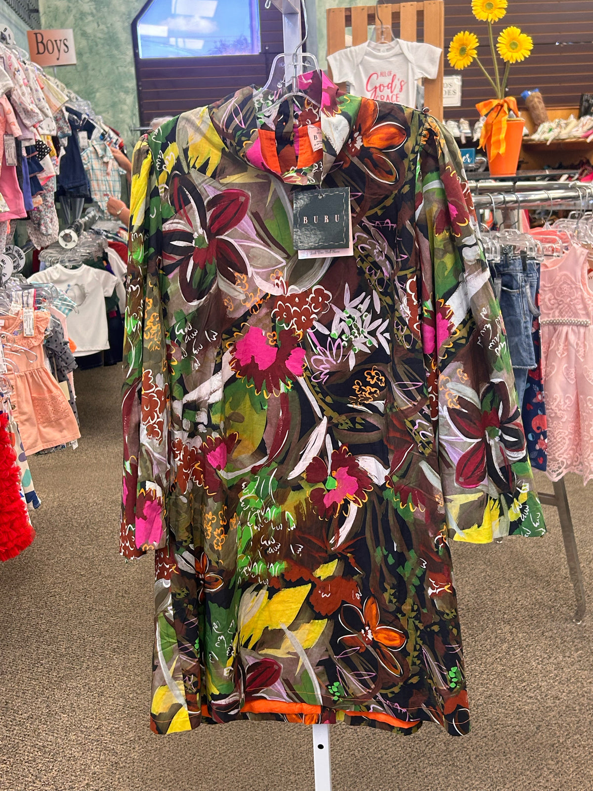 Pre-owned BURU Green Brown Floral Size 8 Quarter Sleeve Designer Dress