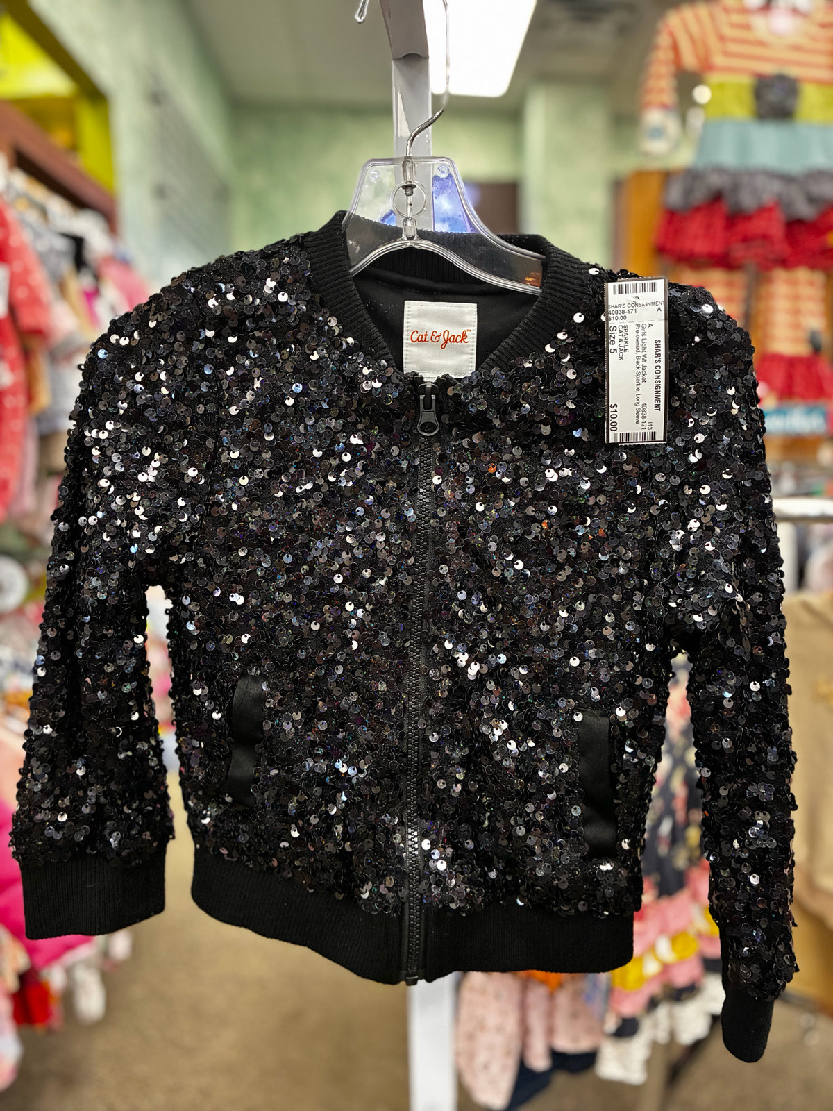 Pre-owned CAT & JACK Black Sparkle Size 5 Long Sleeve Girls Light Wt Jacket