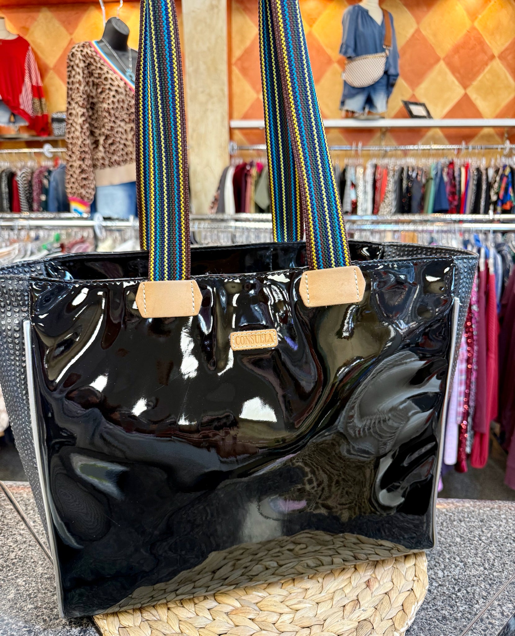 Pre-owned CONSUELA Black patent Neon Floral Tote Designer Purse