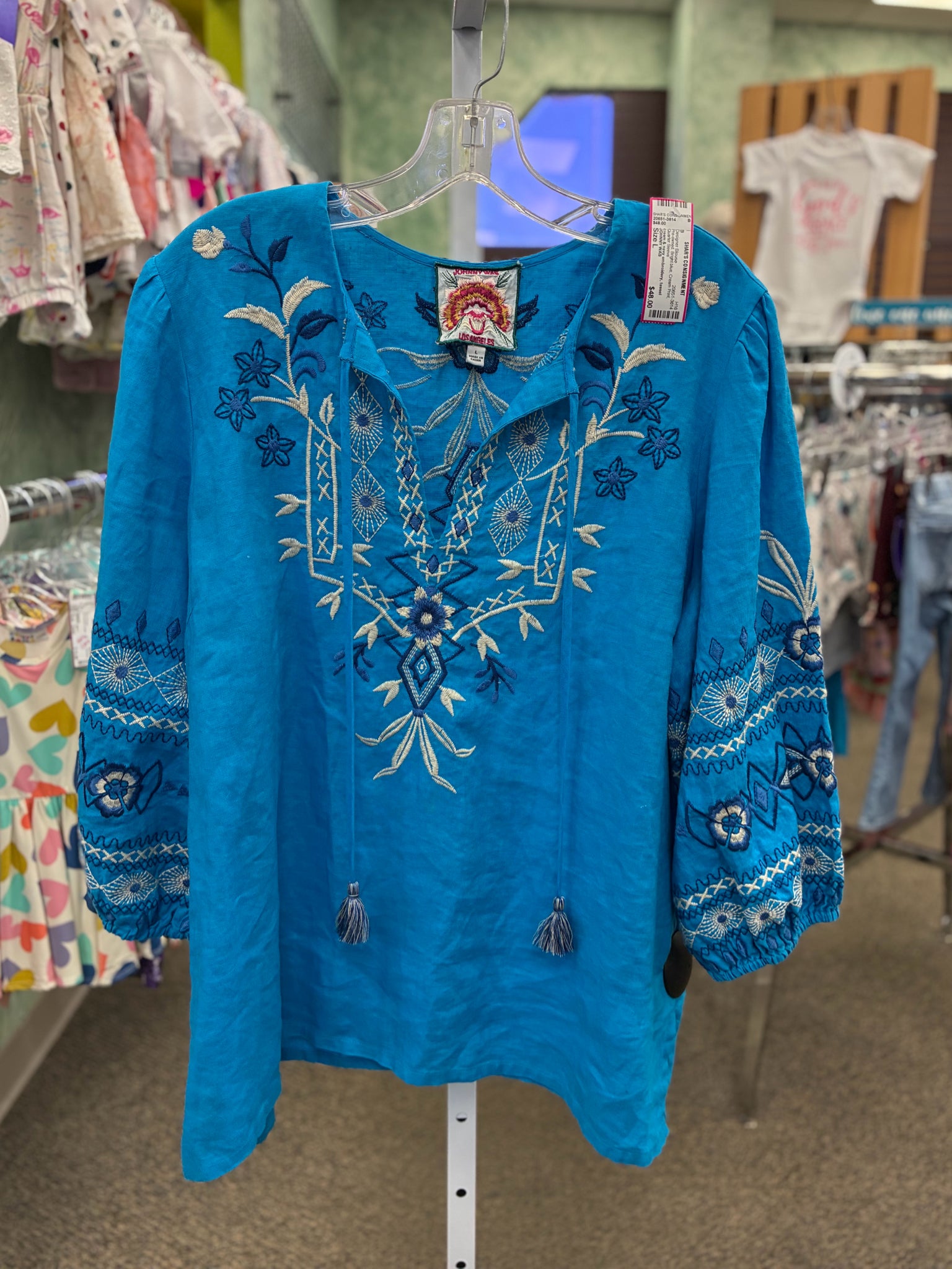 Pre-owned JOHNNY WAS Bright blue Cream Print Quarter Sleeve Designer Blouse
