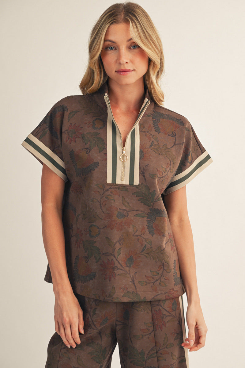 New JODIFL Brown floral Cream Trim Dr Size S Short Sleeve PantSet