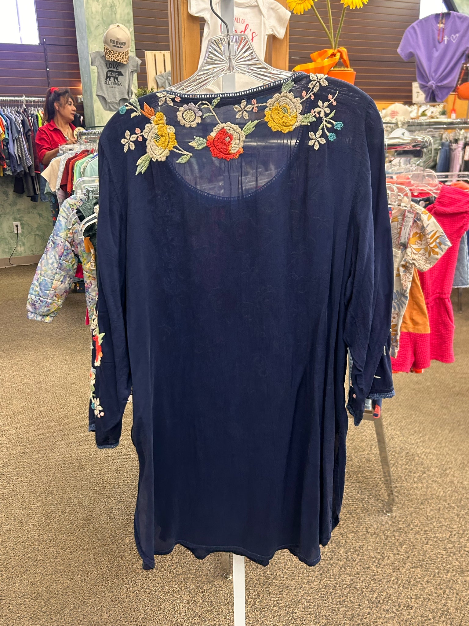 Pre-owned JOHNNY WAS Baby Blue Oatmeal Size 10 Long Sleeve Designer Dress