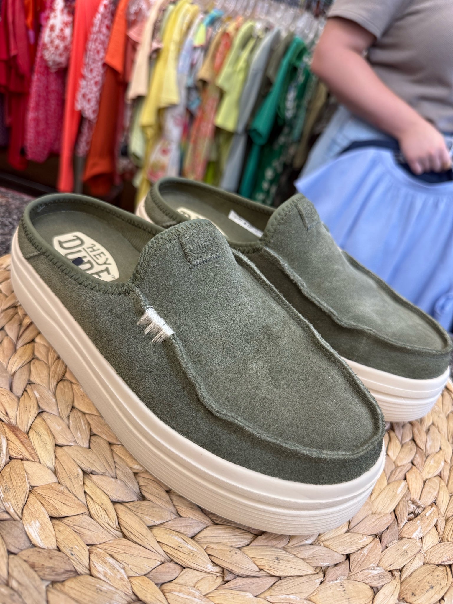 Pre-owned HEY DUDE Green Cream Trim Size 8 Shoe