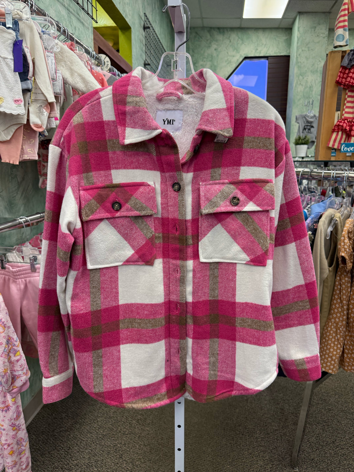Pre-owned YMI Pink plaid White Size S Long Sleeve Shacket