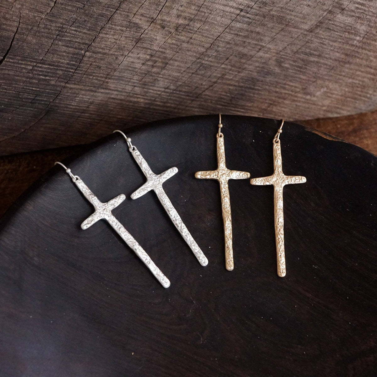 Primitive Cross Earrings Dangle Drop Gold Silver: Worn Gold Tone