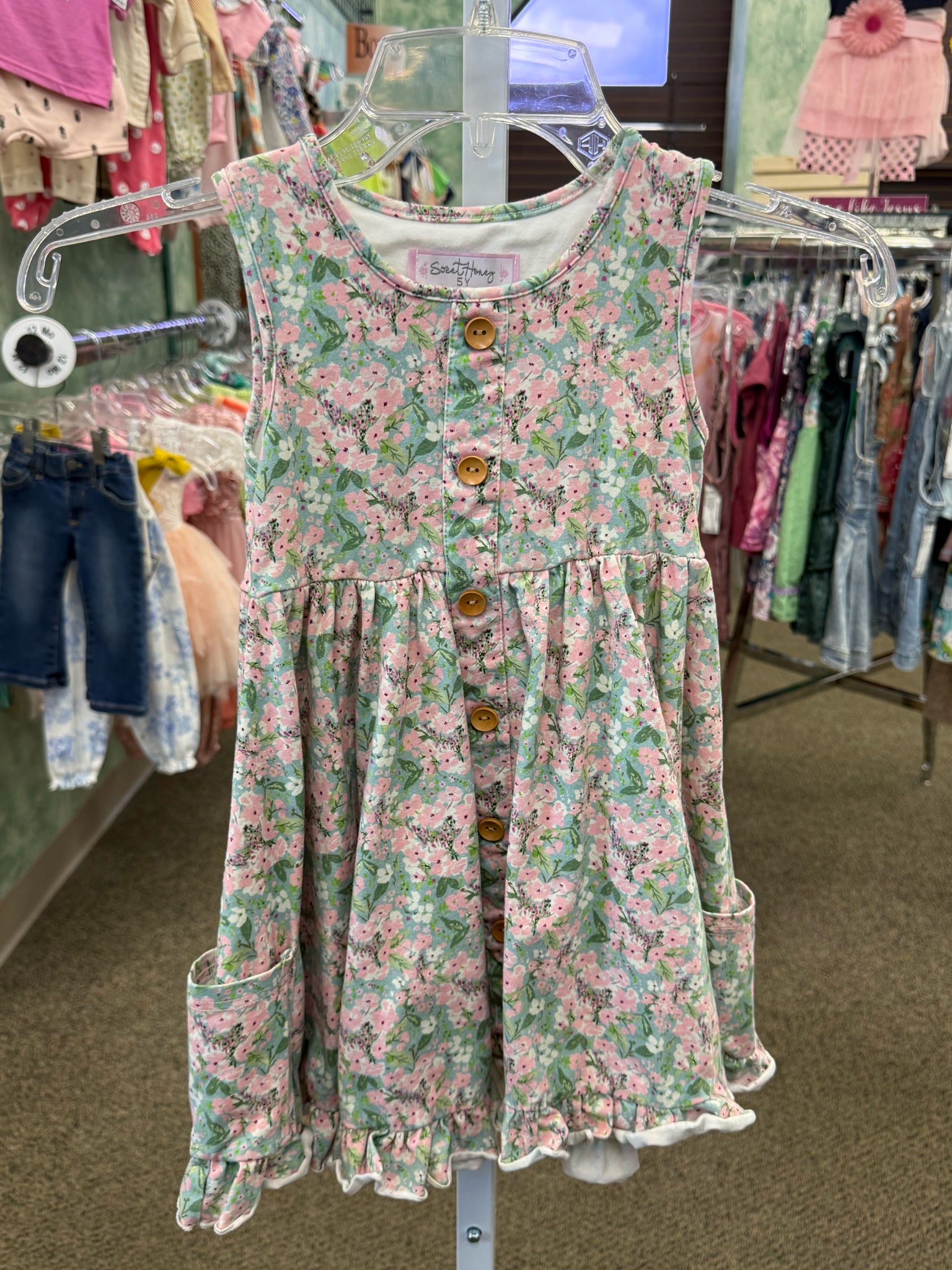 Pre-owned SWEET HONEY Light Teal Pink Floral GIRLS SZ: 5T Sleeveless Girls Dress