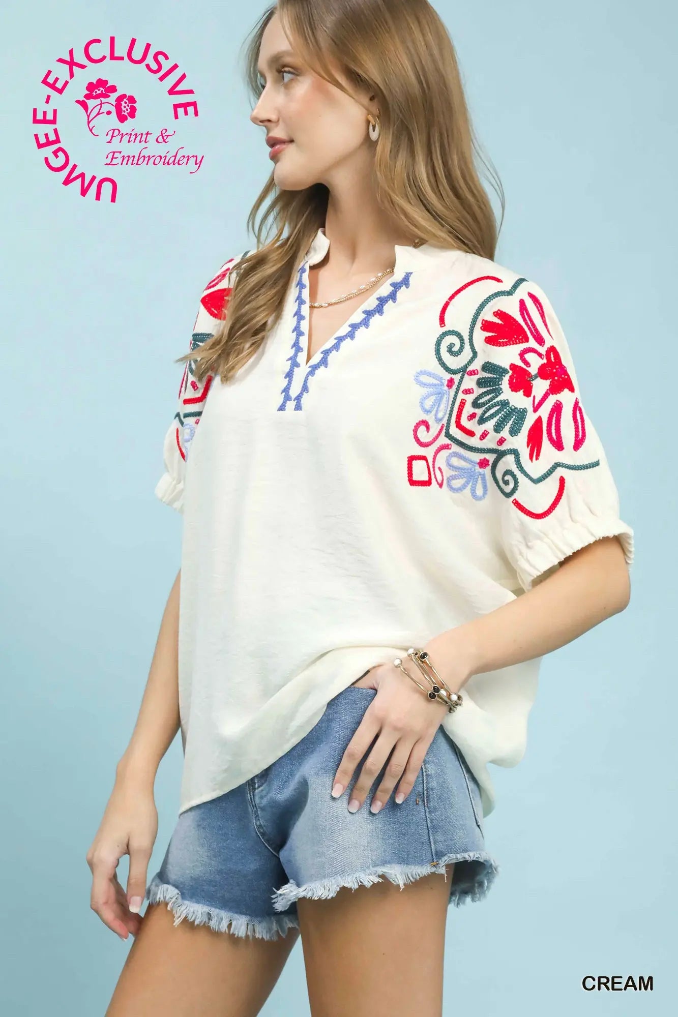 New UMGEE Cream Multi Trim Size: S Short Sleeve Blouse