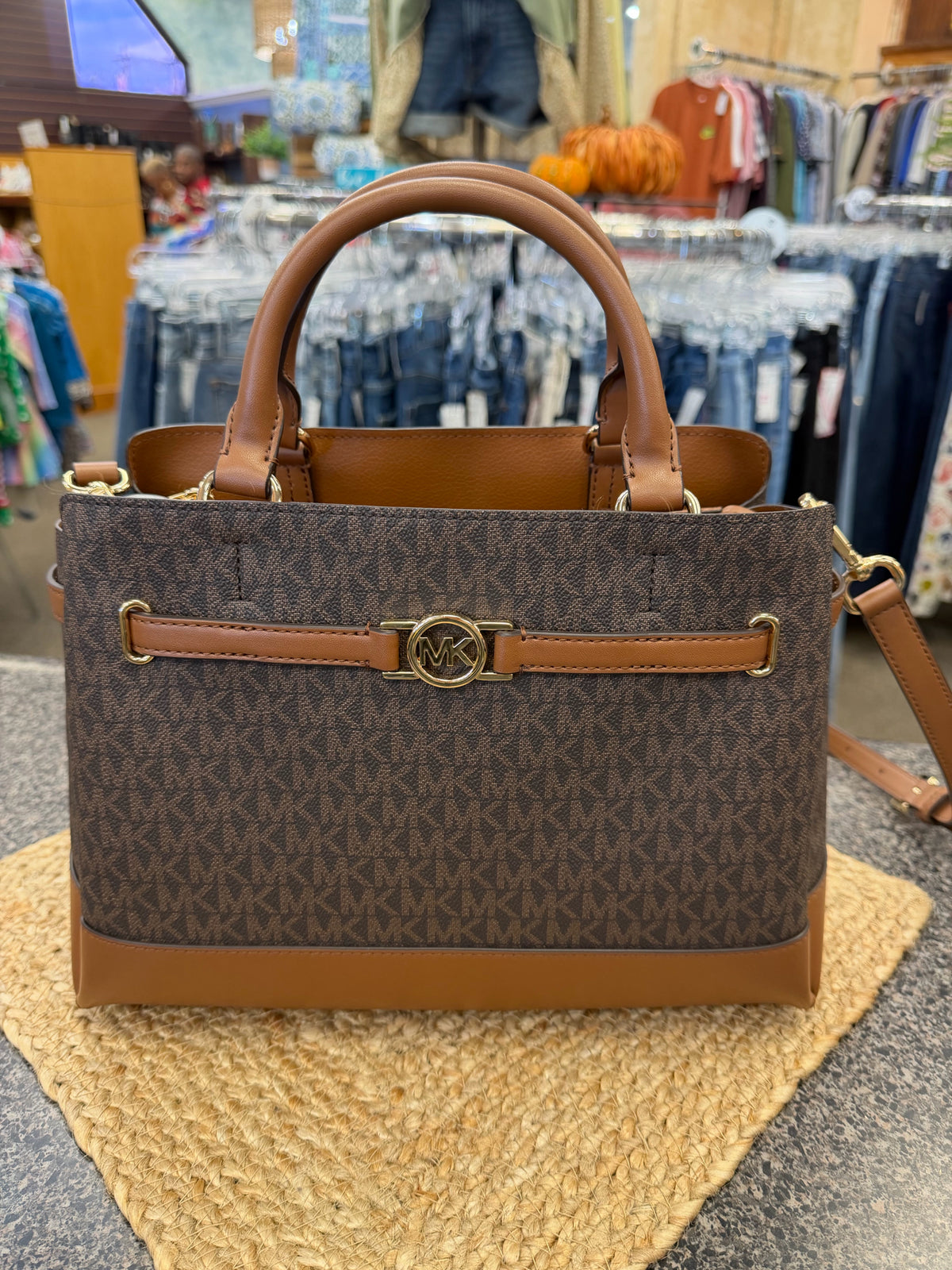 New  Without Tag MICHAEL KORS Dark Brown Signature Gold Trim Designer Purse