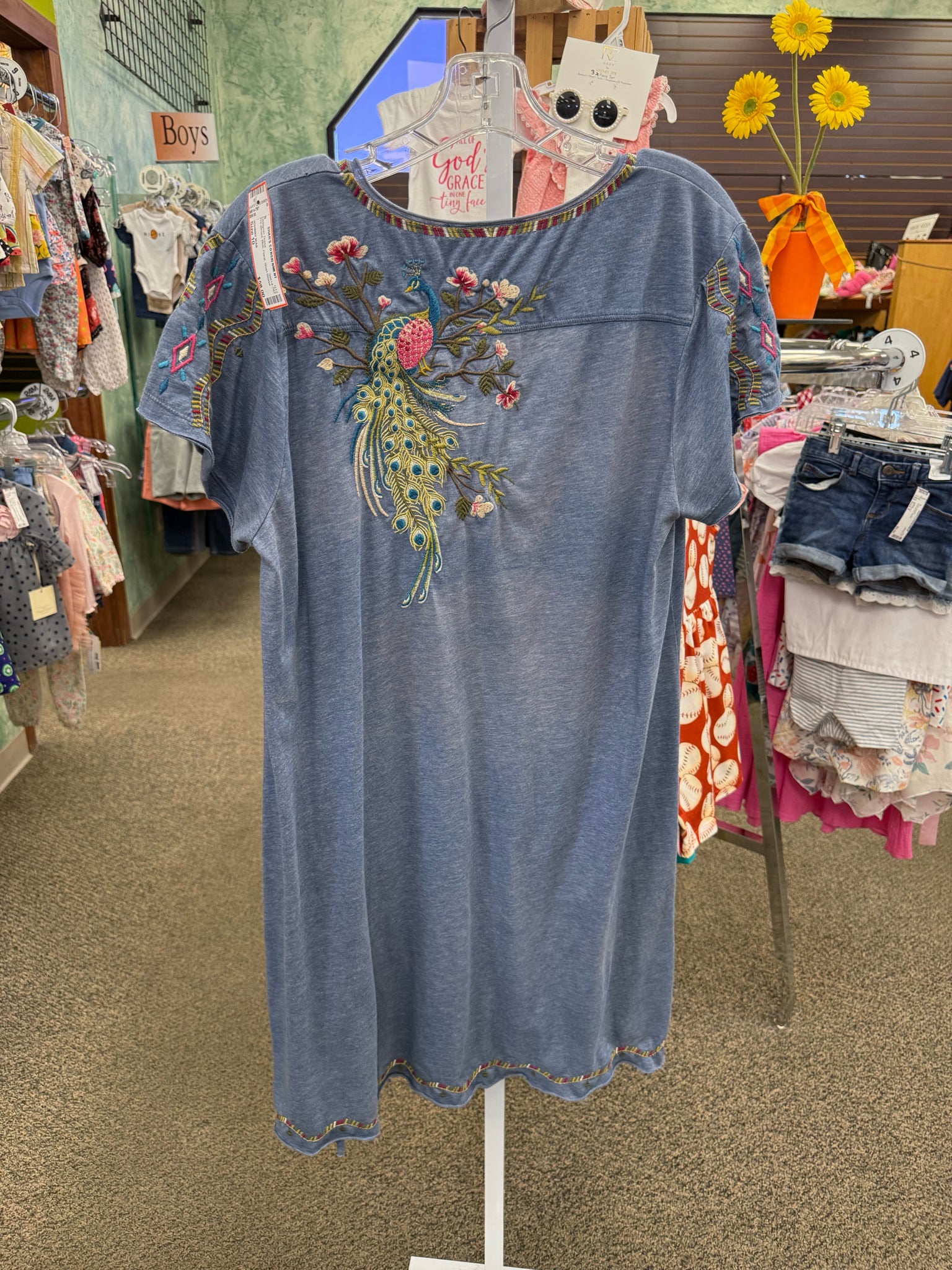 Pre-owned JOHNNY WAS Blue Floral Size 10 Short Sleeve Designer Dress