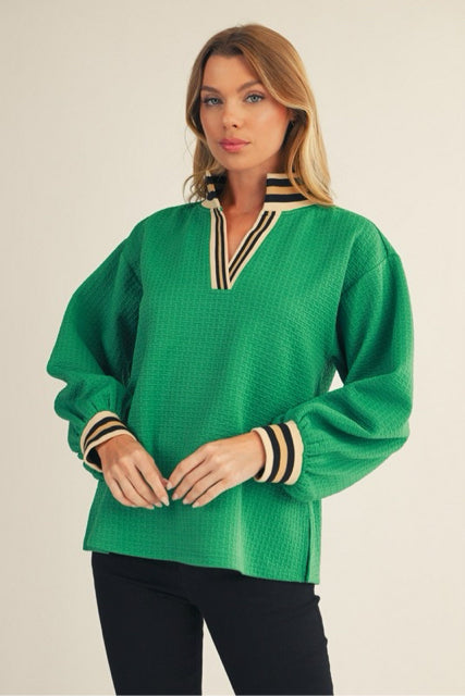 New JODIFL Green Cream Trim Size S Long Sleeve Blouse