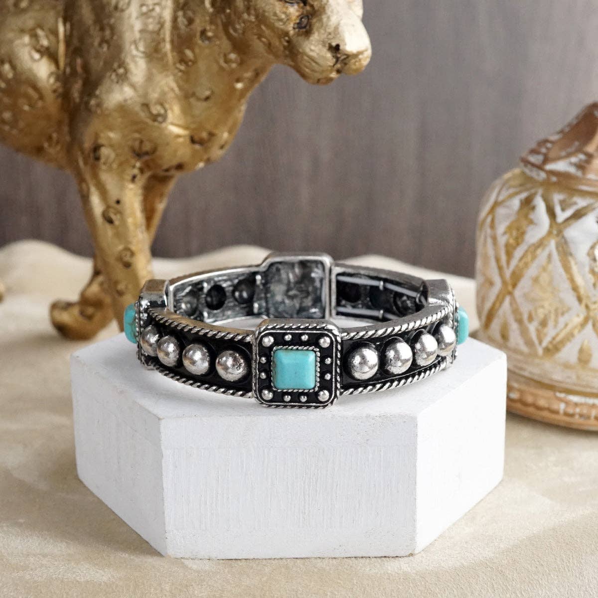 Desert Song – Boho Western Stretch Bangles with Turquoise: Cross