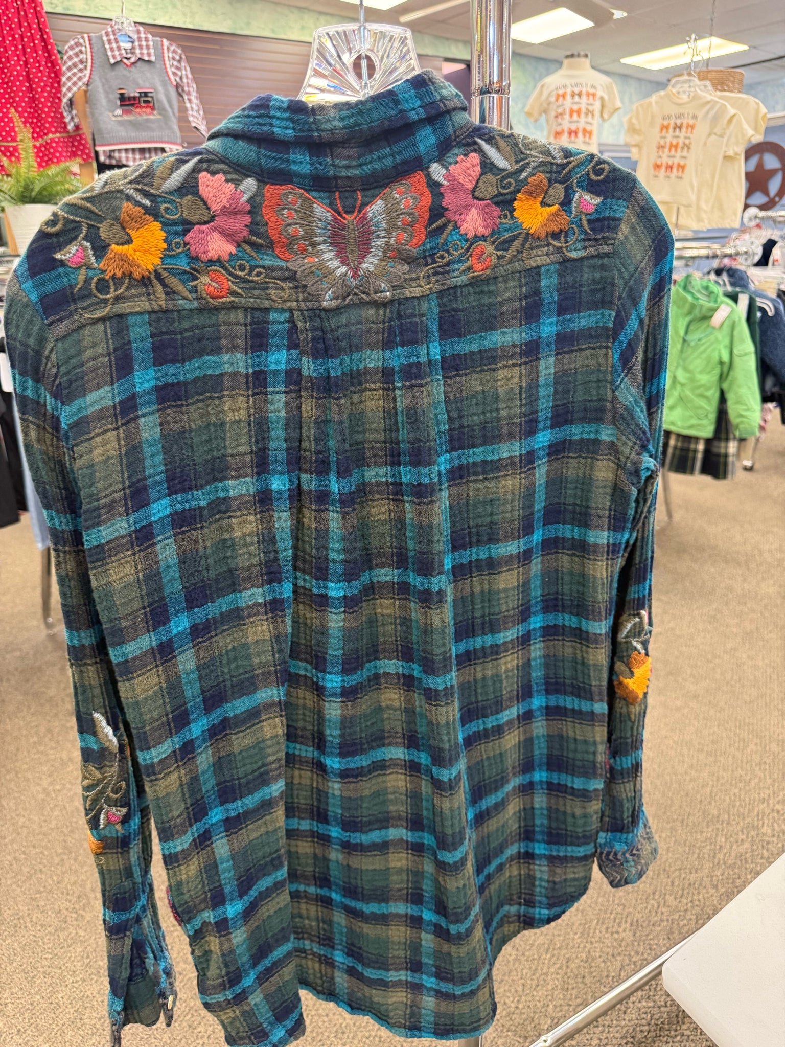 Pre-owned JOHNNY WAS Dark Green Plaid Yellow Size S Long Sleeve Blouse