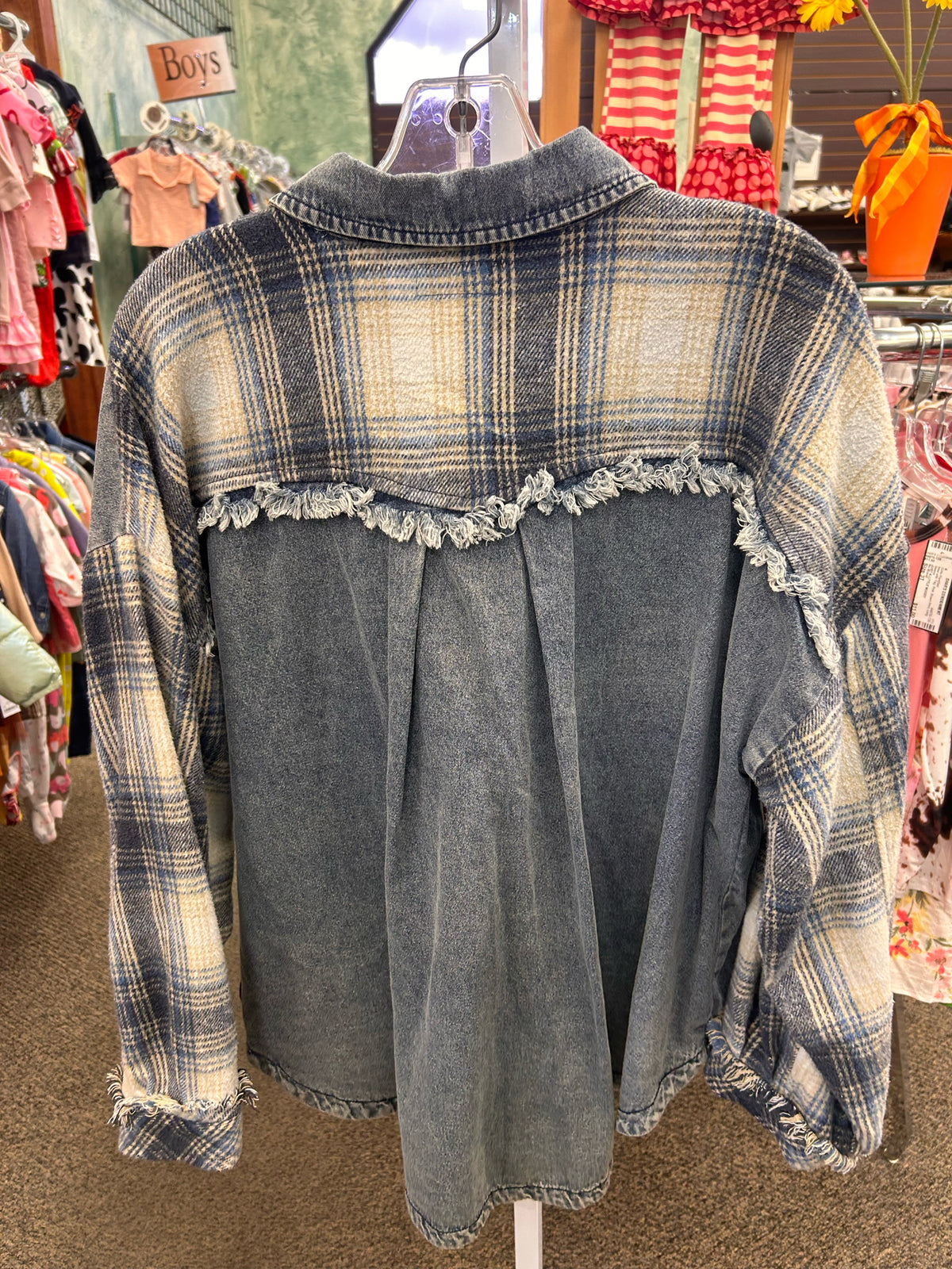 New with Tag UMGEE BLUE DENIM Plaid Trim Size: XL Long Sleeve Blouse