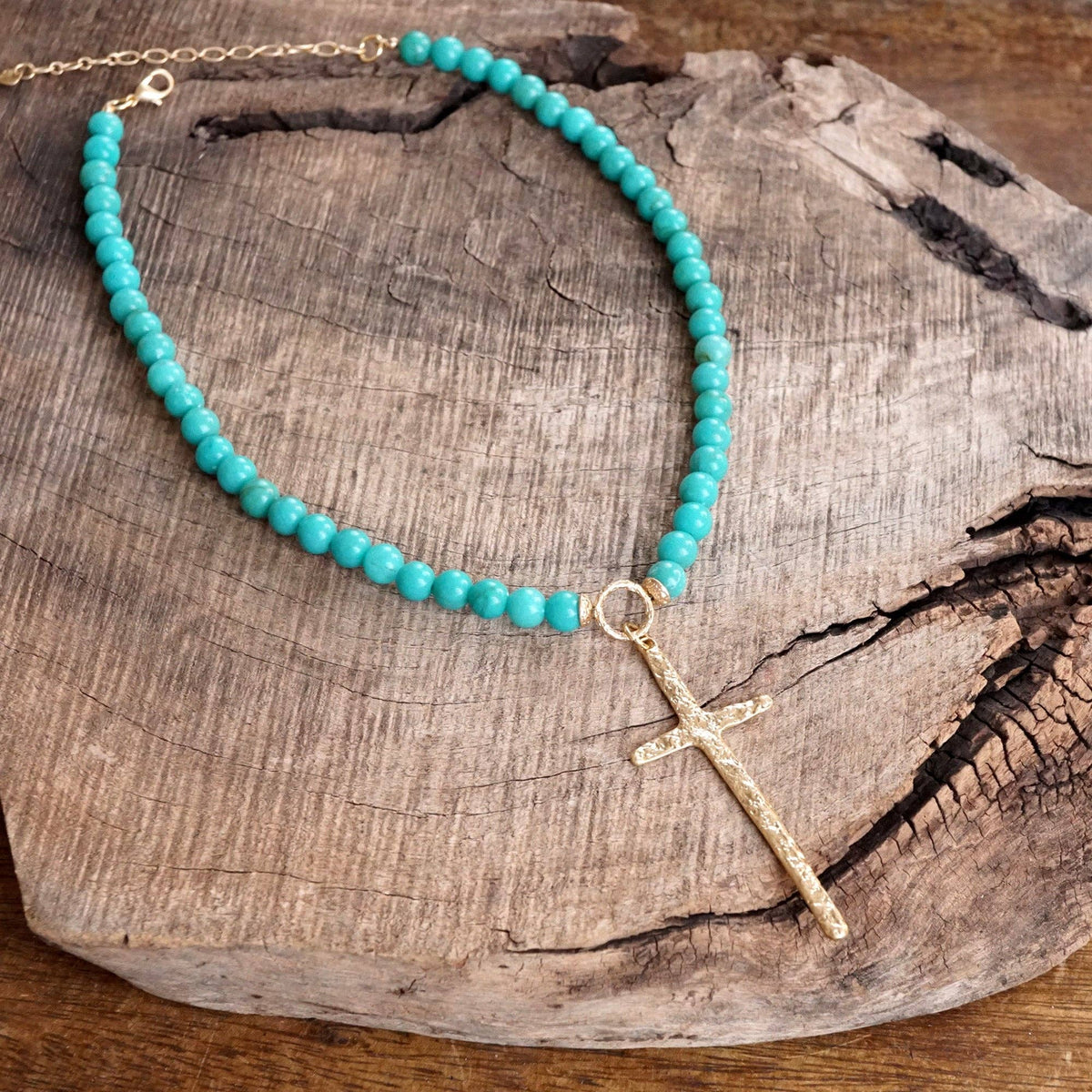Primitive Cross Necklace Gold Pearl Turquoise Beads: Pearls