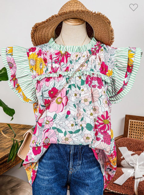 New FW Pink floral Green Stripe Trim Size S Short Sleeve Blouse