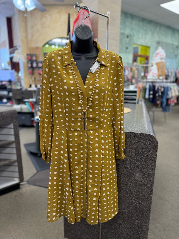 Pre-owned SKIES ARE BLUE Mustard Cream Print Size 8 Long Sleeve Dress