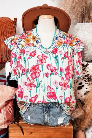 New FW Pink floral Green Floral Size S Short Sleeve Blouse