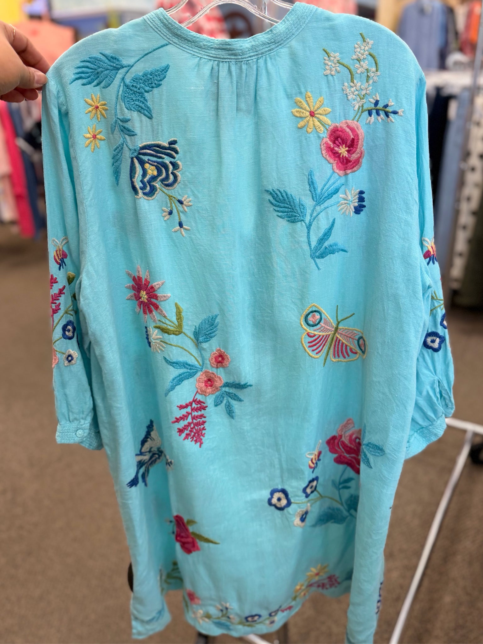 Pre-owned JOHNNY WAS Turquoise Pink Size 10 Long Sleeve Designer Dress