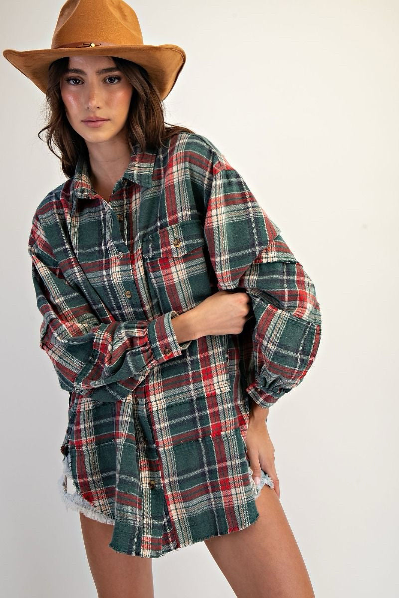 New EASEL Green plaid Red Size M/L Long Sleeve Blouse
