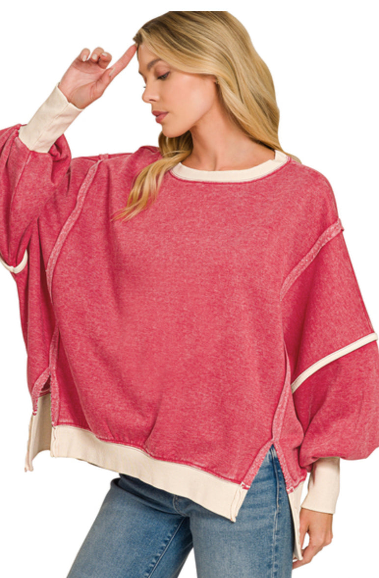 New Zenana Red Cream Trim Size M/L Long Sleeve Sweatshirt