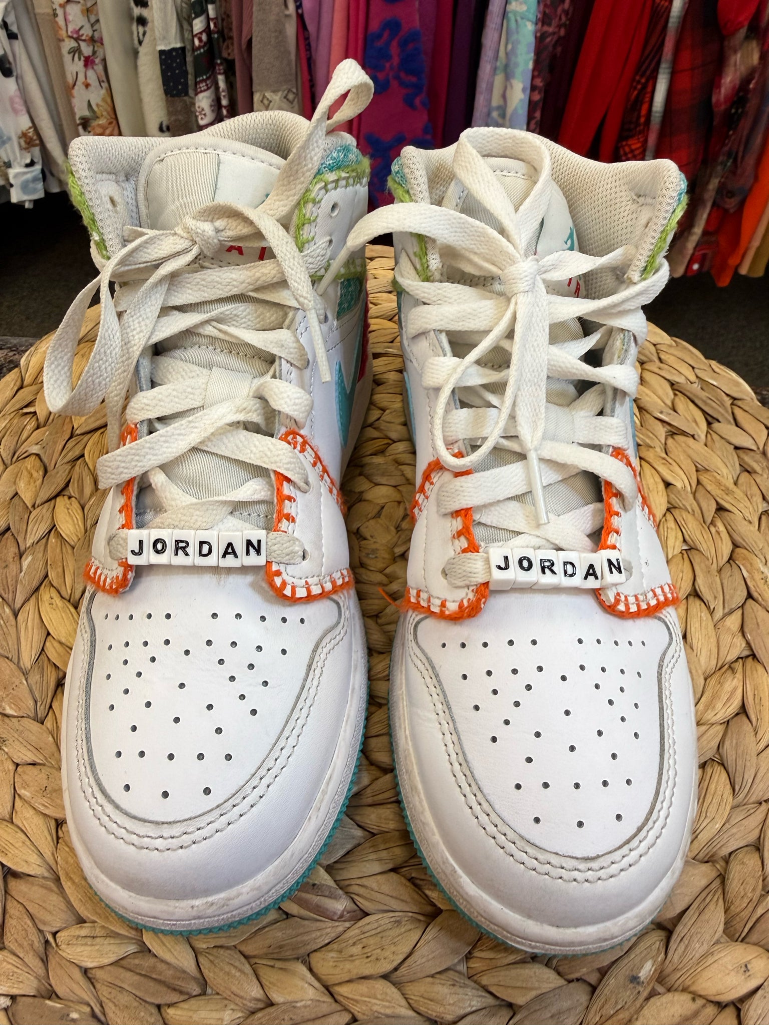 Pre-owned AIR JORDAN White Turquoise Shoe Size 4.5 GIRLS Designer Sneaker