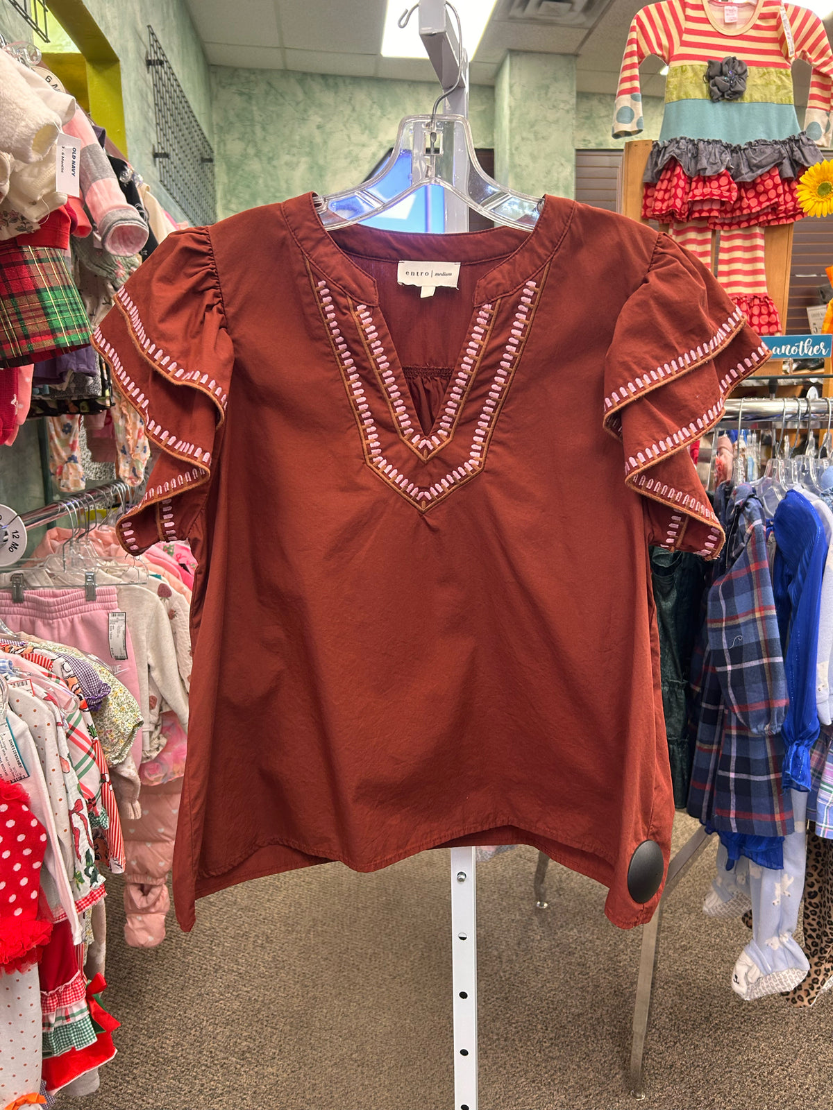 Pre-owned ENTRO Brown Lavender Trim Size: M Long Sleeve Blouse