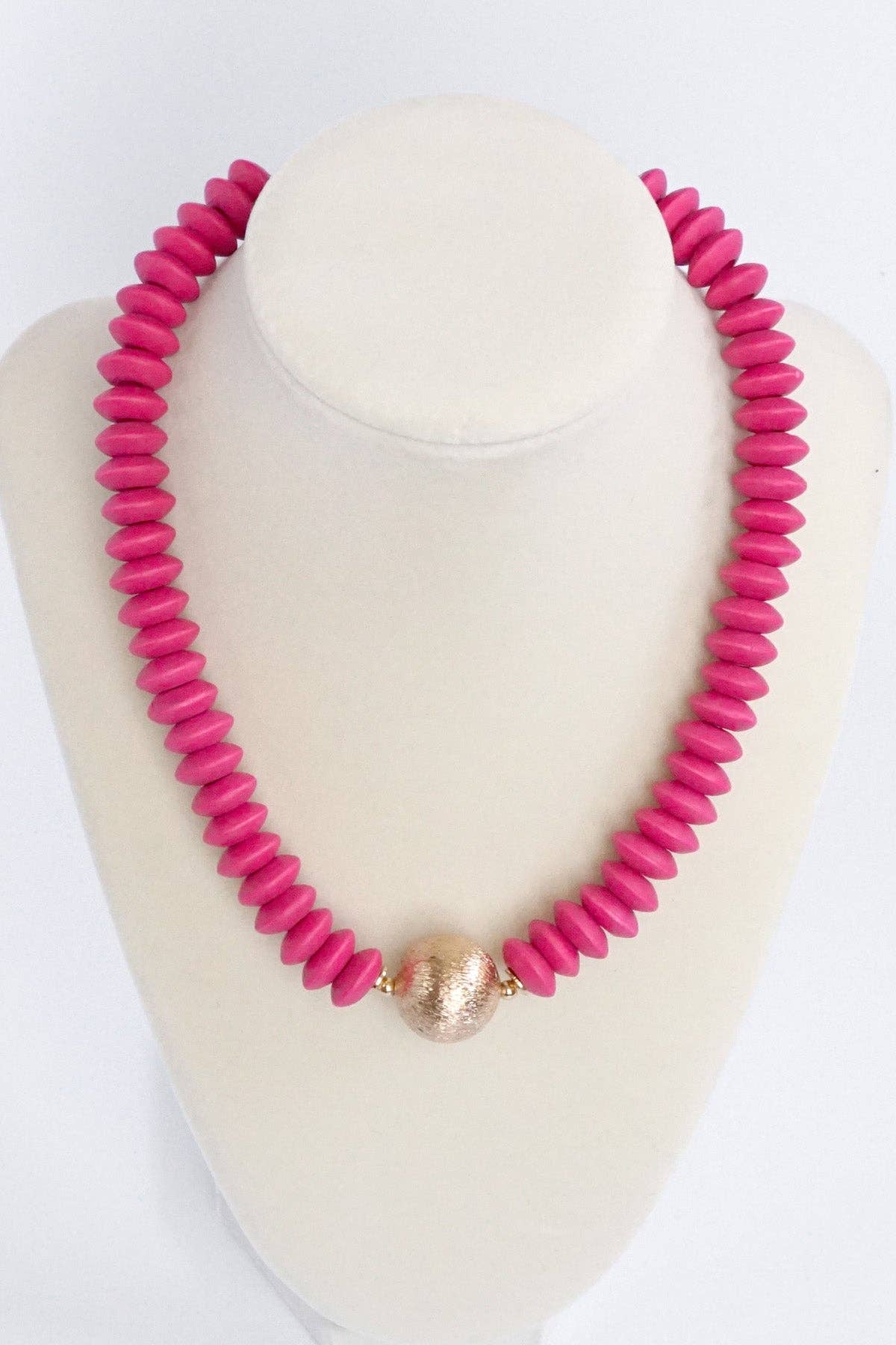 Wood Saucer Beads Short Statement Necklace Gold center Hot Pink Beige Turquoise: Black