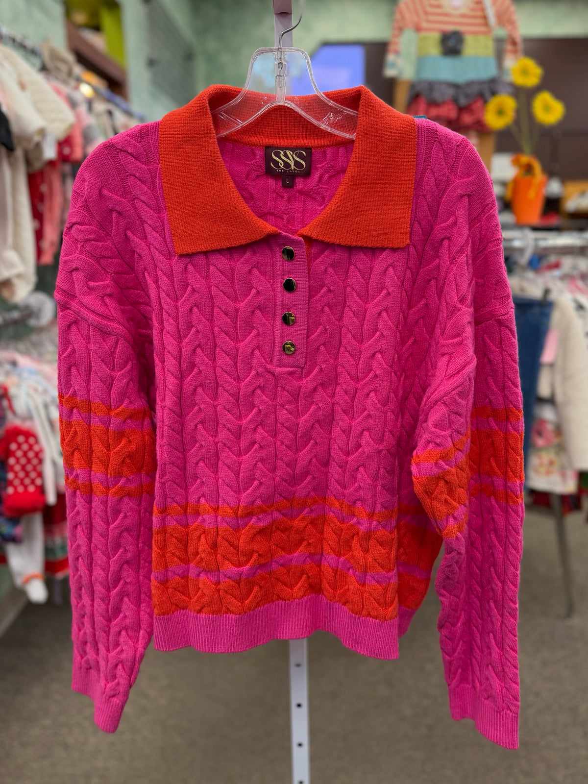 Pre-owned SSYS Hot pink Orange animal Size L Long Sleeve Sweater