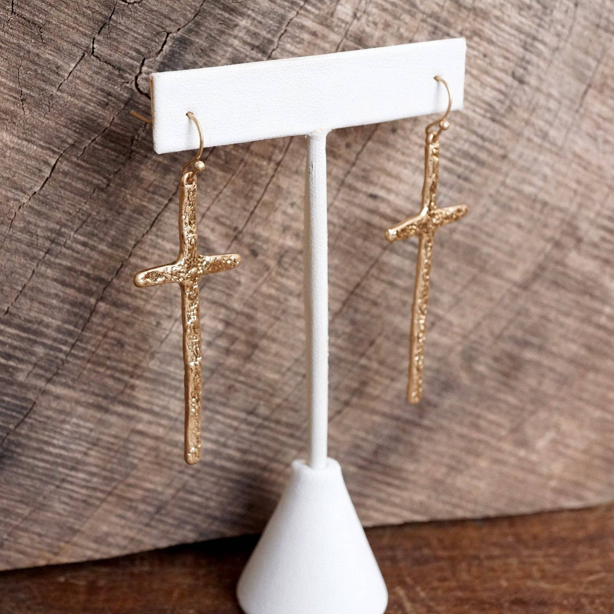 Primitive Cross Earrings Dangle Drop Gold Silver: Worn Gold Tone