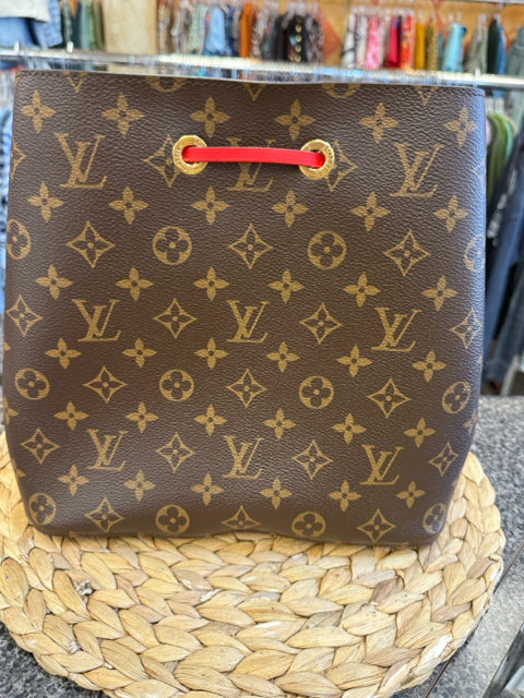 Pre-owned LOUIS VUITTON Dark Brown Signature Red Trim Designer Purse