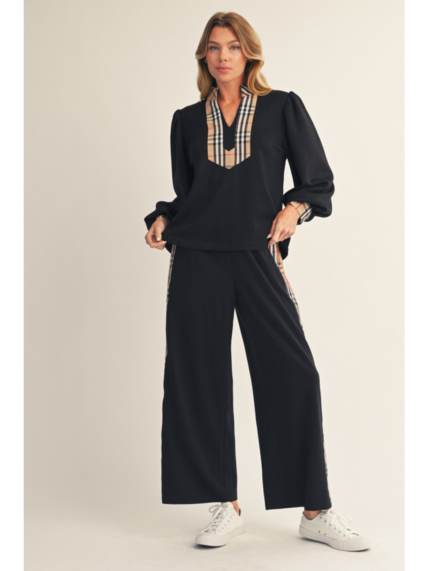 New JODIFL Black Plaid Trim Dr Size S Long Sleeve PantSet